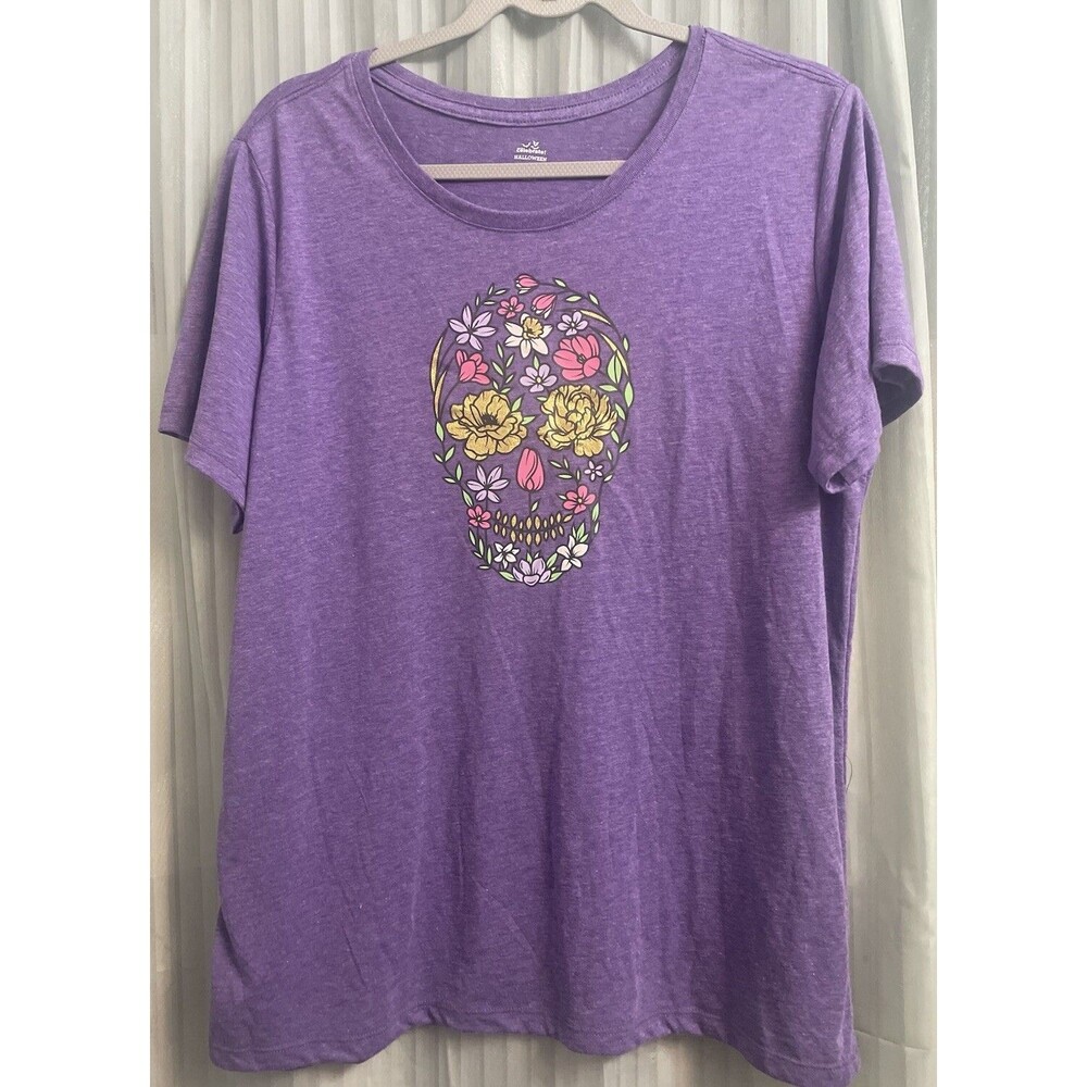 Womens Celebrate Halloween Purple Short Sleeve Shirt Flower Skull Face Size XL